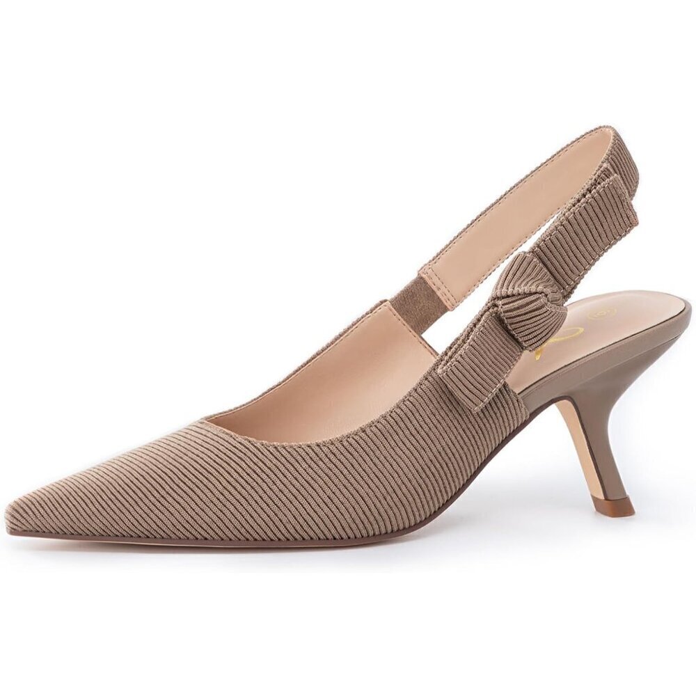 🆕 Women's Light Coffee Fabric Sling back Kitten Heels Bowknot Pumps